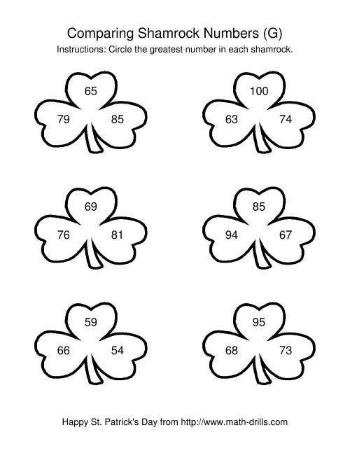 The St. Patrick's Day Comparing Numbers to 100 in Shamrocks (G) Math Worksheet