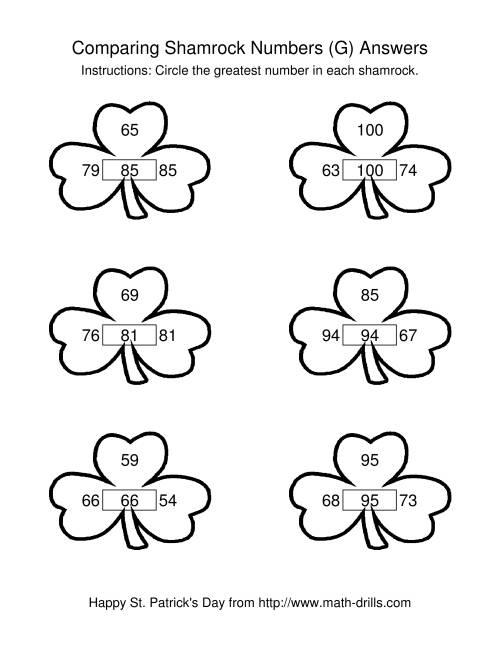 The St. Patrick's Day Comparing Numbers to 100 in Shamrocks (G) Math Worksheet Page 2