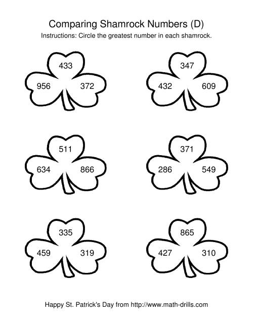 The St. Patrick's Day Comparing Numbers to 1000 in Shamrocks (D) Math Worksheet