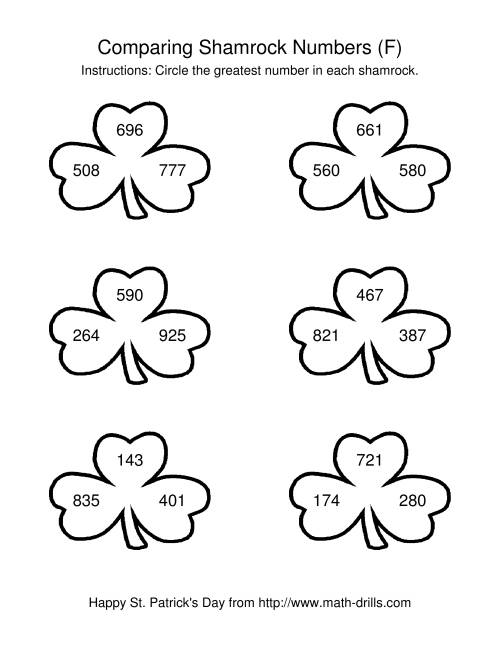 The St. Patrick's Day Comparing Numbers to 1000 in Shamrocks (F) Math Worksheet