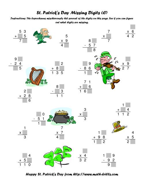The St. Patrick's Day Mixed Operations with Missing Digits (C) Math Worksheet
