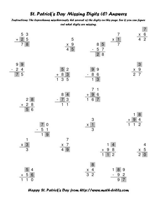 The St. Patrick's Day Mixed Operations with Missing Digits (C) Math Worksheet Page 2