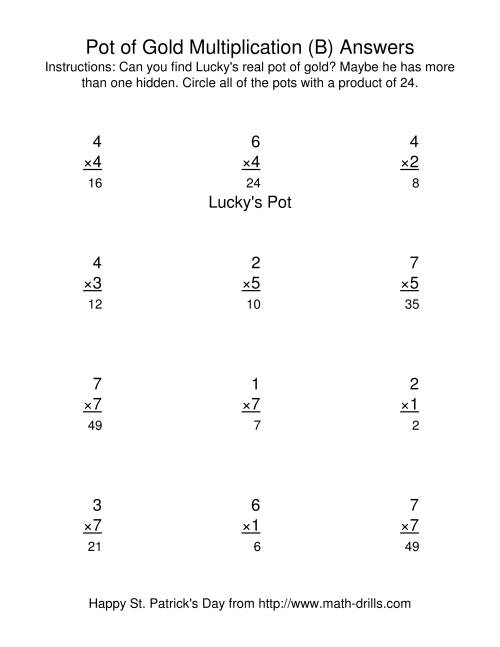 The St. Patrick's Day Multiplication Facts to 49 -- Lucky's Pot of Gold (B) Math Worksheet Page 2