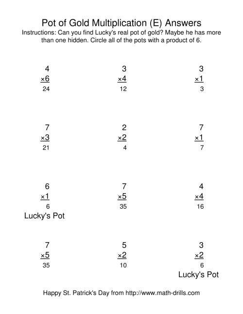 The St. Patrick's Day Multiplication Facts to 49 -- Lucky's Pot of Gold (E) Math Worksheet Page 2