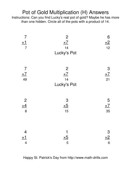 The St. Patrick's Day Multiplication Facts to 49 -- Lucky's Pot of Gold (H) Math Worksheet Page 2