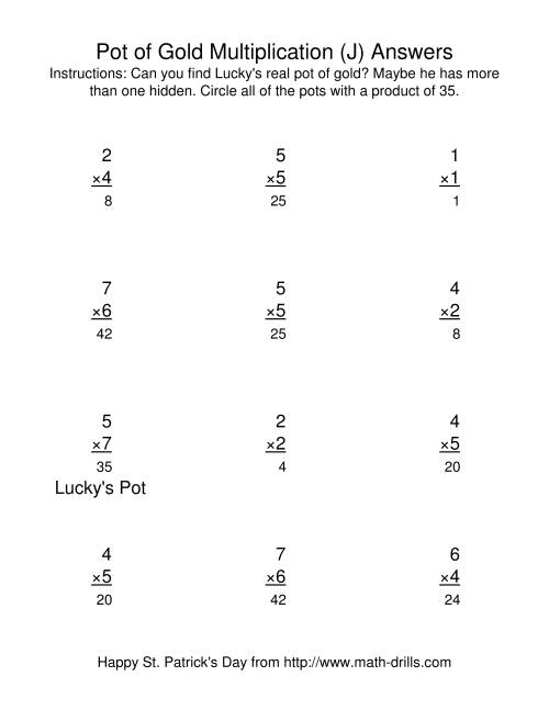 The St. Patrick's Day Multiplication Facts to 49 -- Lucky's Pot of Gold (J) Math Worksheet Page 2