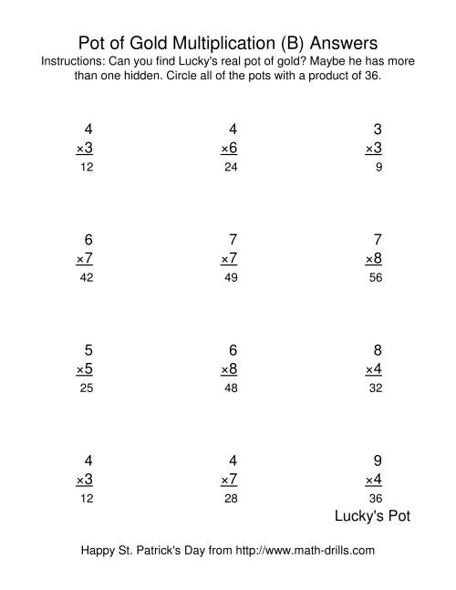 The St. Patrick's Day Multiplication Facts to 81 -- Lucky's Pot of Gold (B) Math Worksheet Page 2