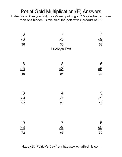 The St. Patrick's Day Multiplication Facts to 81 -- Lucky's Pot of Gold (E) Math Worksheet Page 2