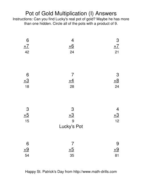 The St. Patrick's Day Multiplication Facts to 81 -- Lucky's Pot of Gold (I) Math Worksheet Page 2