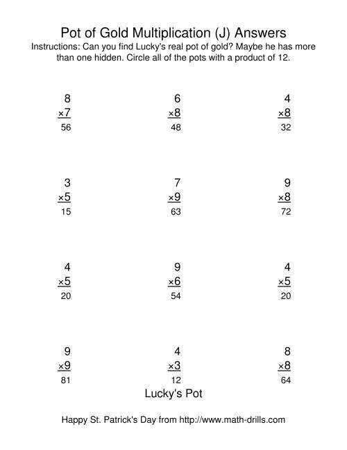 The St. Patrick's Day Multiplication Facts to 81 -- Lucky's Pot of Gold (J) Math Worksheet Page 2