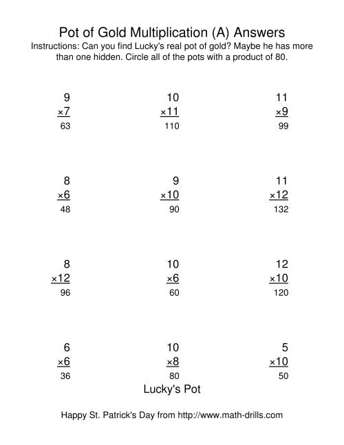The St. Patrick's Day Multiplication Facts to 144 -- Lucky's Pot of Gold (A) Math Worksheet Page 2