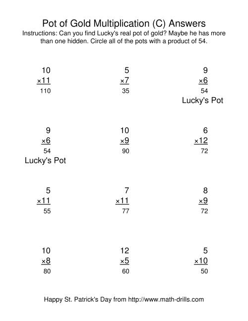 The St. Patrick's Day Multiplication Facts to 144 -- Lucky's Pot of Gold (C) Math Worksheet Page 2