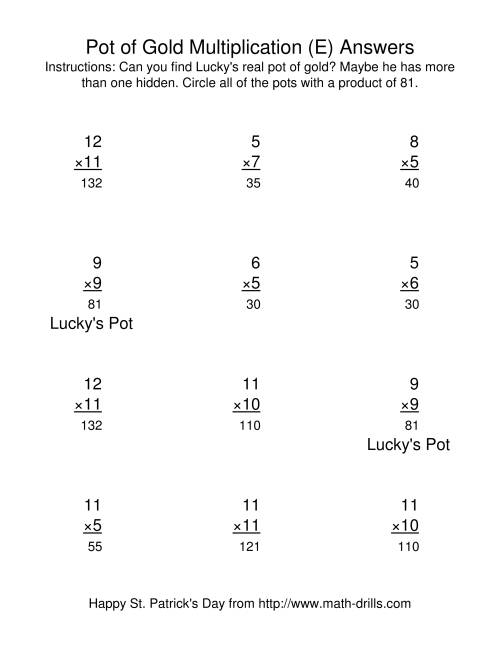 The St. Patrick's Day Multiplication Facts to 144 -- Lucky's Pot of Gold (E) Math Worksheet Page 2