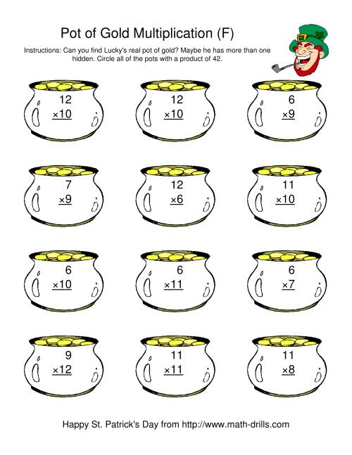 The St. Patrick's Day Multiplication Facts to 144 -- Lucky's Pot of Gold (F) Math Worksheet
