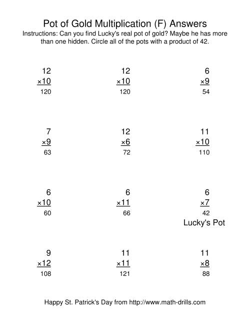 The St. Patrick's Day Multiplication Facts to 144 -- Lucky's Pot of Gold (F) Math Worksheet Page 2