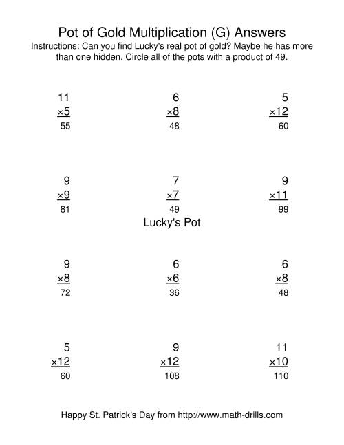 The St. Patrick's Day Multiplication Facts to 144 -- Lucky's Pot of Gold (G) Math Worksheet Page 2