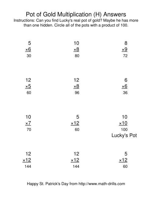 The St. Patrick's Day Multiplication Facts to 144 -- Lucky's Pot of Gold (H) Math Worksheet Page 2
