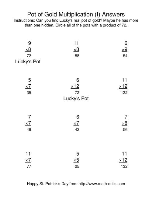 The St. Patrick's Day Multiplication Facts to 144 -- Lucky's Pot of Gold (I) Math Worksheet Page 2