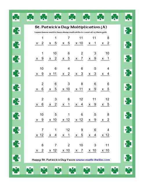  St Patrick s Day Multiplication Facts To 144 Shamrock Border Theme A 