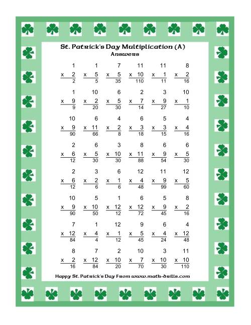 The St. Patrick's Day Multiplication Facts to 144 -- Shamrock Border Theme (A) Math Worksheet Page 2
