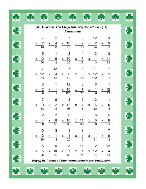 The St. Patrick's Day Multiplication Facts to 144 -- Shamrock Border Theme (B) Math Worksheet Page 2