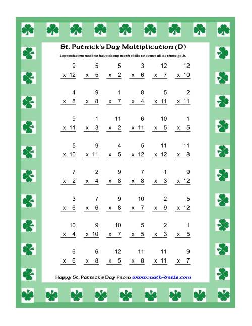 The St. Patrick's Day Multiplication Facts to 144 -- Shamrock Border Theme (D) Math Worksheet