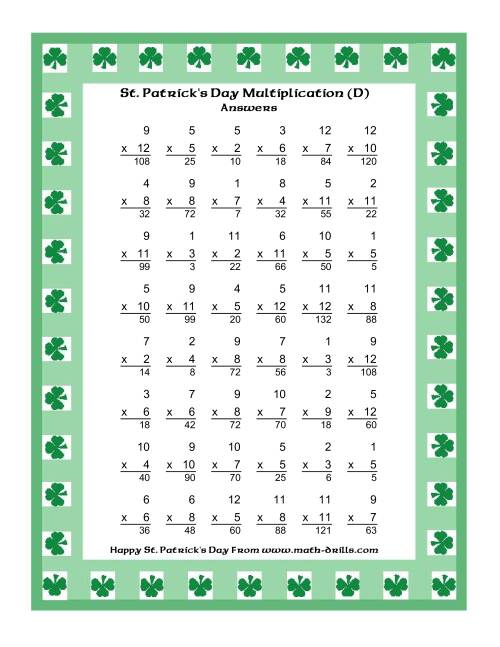 The St. Patrick's Day Multiplication Facts to 144 -- Shamrock Border Theme (D) Math Worksheet Page 2
