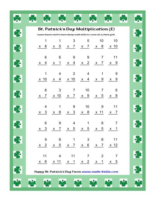 The St. Patrick's Day Multiplication Facts to 144 -- Shamrock Border Theme (E) Math Worksheet