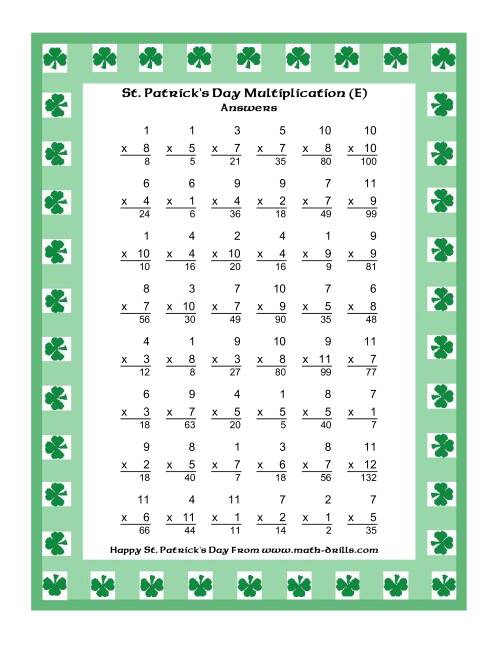 The St. Patrick's Day Multiplication Facts to 144 -- Shamrock Border Theme (E) Math Worksheet Page 2
