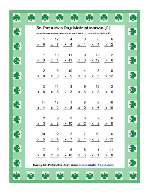 The St. Patrick's Day Multiplication Facts to 144 -- Shamrock Border Theme (F) Math Worksheet