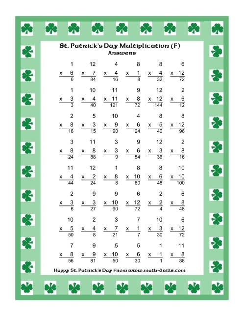 The St. Patrick's Day Multiplication Facts to 144 -- Shamrock Border Theme (F) Math Worksheet Page 2