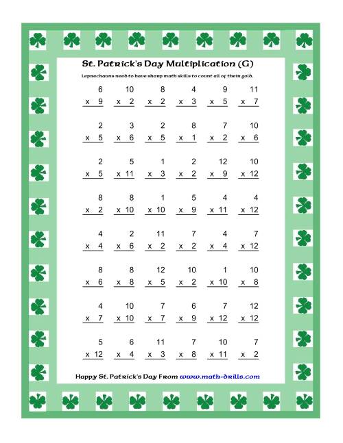 The St. Patrick's Day Multiplication Facts to 144 -- Shamrock Border Theme (G) Math Worksheet
