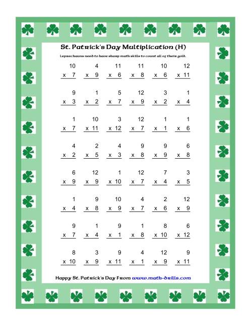 The St. Patrick's Day Multiplication Facts to 144 -- Shamrock Border Theme (H) Math Worksheet
