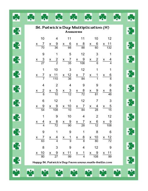 The St. Patrick's Day Multiplication Facts to 144 -- Shamrock Border Theme (H) Math Worksheet Page 2