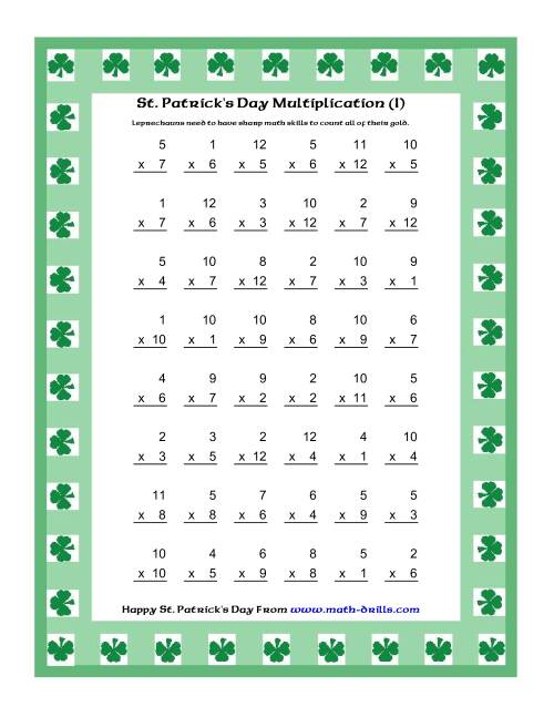 The St. Patrick's Day Multiplication Facts to 144 -- Shamrock Border Theme (I) Math Worksheet