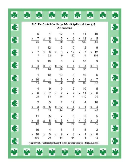 The St. Patrick's Day Multiplication Facts to 144 -- Shamrock Border Theme (I) Math Worksheet Page 2
