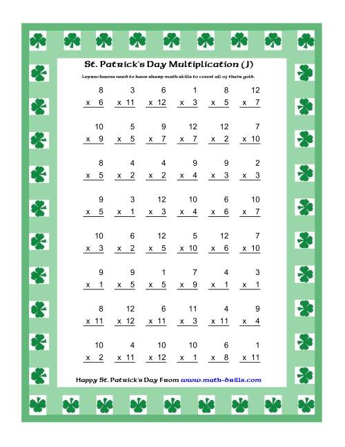 The St. Patrick's Day Multiplication Facts to 144 -- Shamrock Border Theme (J) Math Worksheet