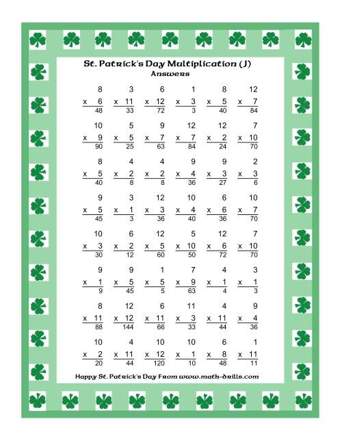 The St. Patrick's Day Multiplication Facts to 144 -- Shamrock Border Theme (J) Math Worksheet Page 2
