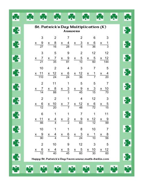 The St. Patrick's Day Multiplication Facts to 144 -- Shamrock Border Theme (K) Math Worksheet Page 2