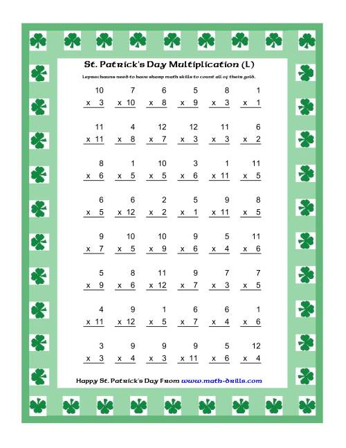 The St. Patrick's Day Multiplication Facts to 144 -- Shamrock Border Theme (L) Math Worksheet