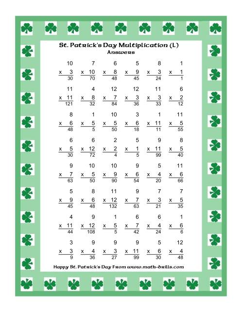 The St. Patrick's Day Multiplication Facts to 144 -- Shamrock Border Theme (L) Math Worksheet Page 2
