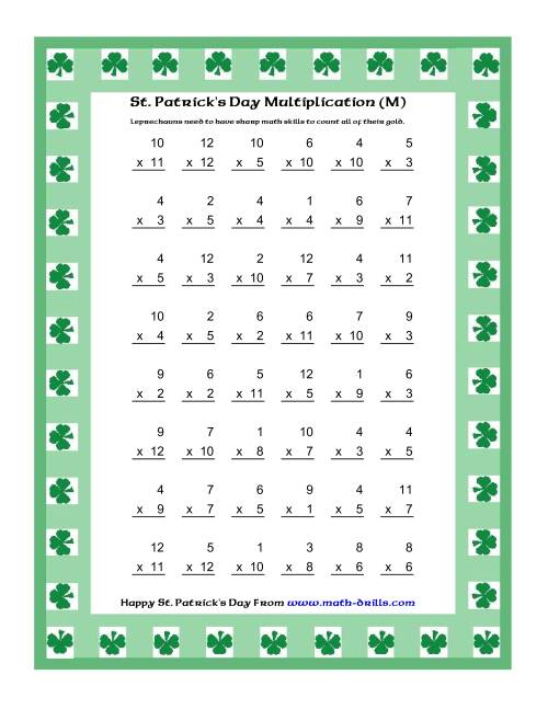 The St. Patrick's Day Multiplication Facts to 144 -- Shamrock Border Theme (M) Math Worksheet