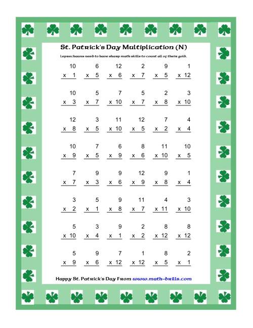 The St. Patrick's Day Multiplication Facts to 144 -- Shamrock Border Theme (N) Math Worksheet