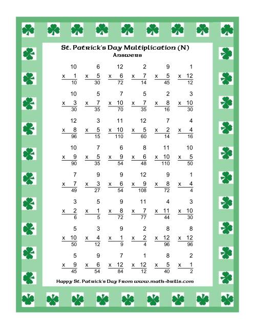 The St. Patrick's Day Multiplication Facts to 144 -- Shamrock Border Theme (N) Math Worksheet Page 2