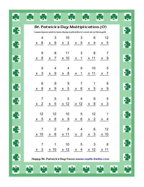 The St. Patrick's Day Multiplication Facts to 144 -- Shamrock Border Theme (O) Math Worksheet