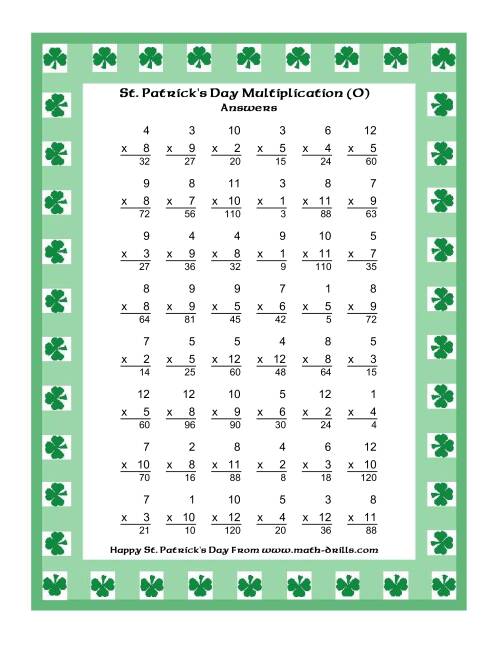 The St. Patrick's Day Multiplication Facts to 144 -- Shamrock Border Theme (O) Math Worksheet Page 2