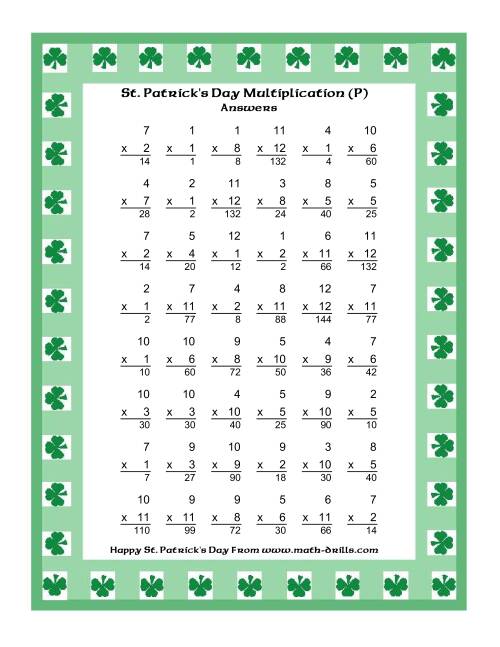 The St. Patrick's Day Multiplication Facts to 144 -- Shamrock Border Theme (P) Math Worksheet Page 2