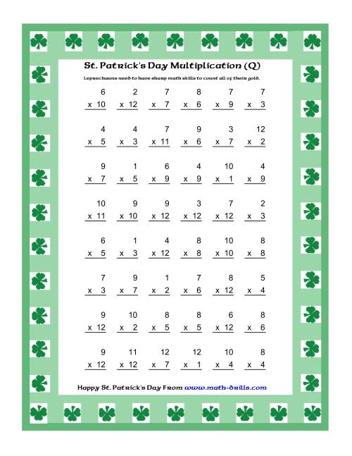 The St. Patrick's Day Multiplication Facts to 144 -- Shamrock Border Theme (Q) Math Worksheet