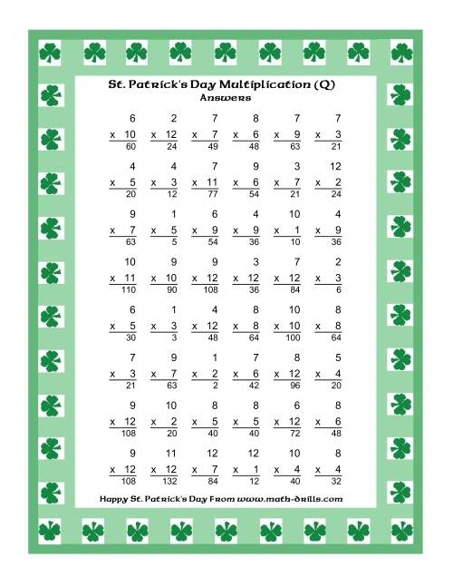 The St. Patrick's Day Multiplication Facts to 144 -- Shamrock Border Theme (Q) Math Worksheet Page 2