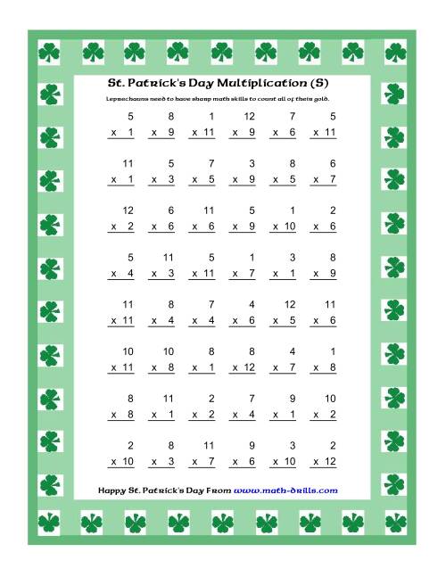 The St. Patrick's Day Multiplication Facts to 144 -- Shamrock Border Theme (S) Math Worksheet